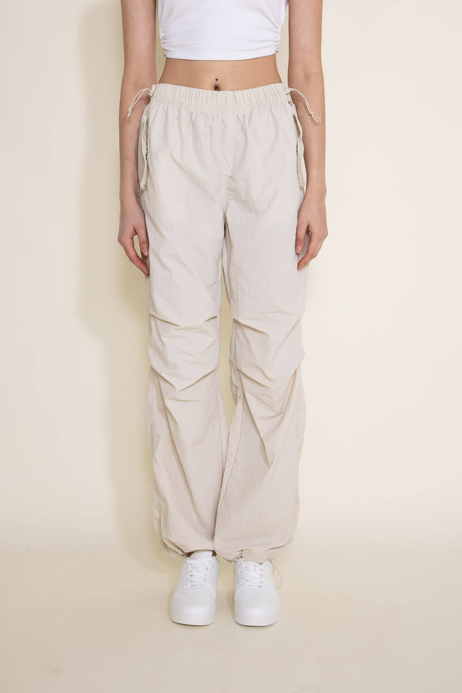 Love Tree Nylon Baggy Parachute Pants for Women in Oat Milk