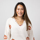 Pumpkin Patch V-Neck Frayed Sweater for Women in Ivory