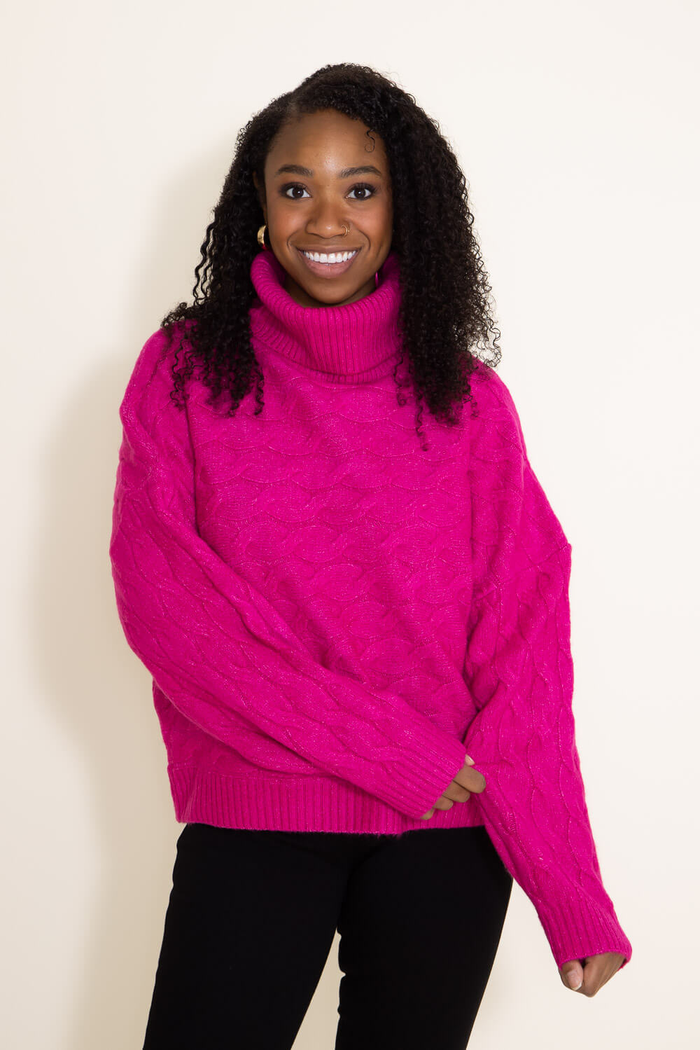 Miracle Braid Knit Turtleneck Cropped Sweater for Women in Pink