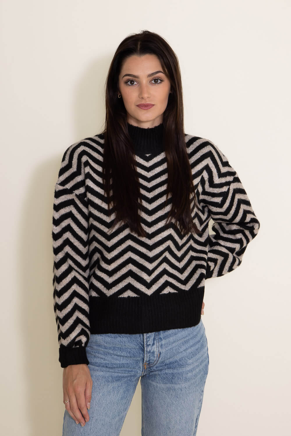 Miracle Chevron Mock Neck Sweater for Women in Black