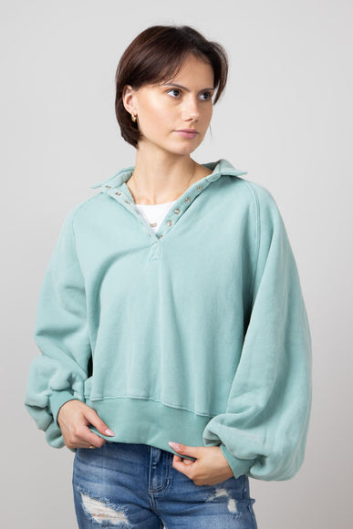 Snap Button Collared Fleece for Women in Sage