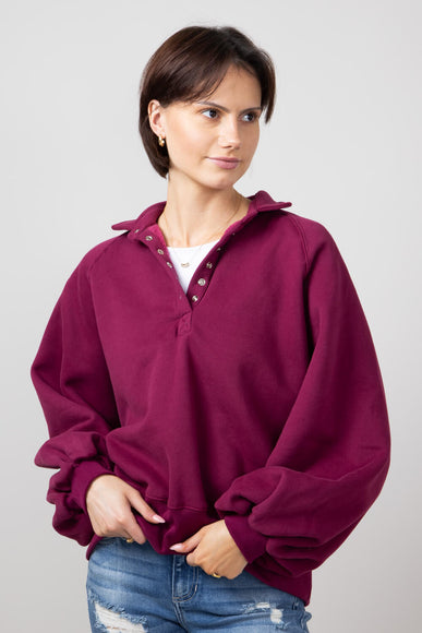 Snap Button Collared Fleece for Women in Burgundy