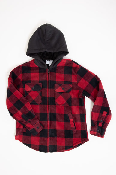 Plaid Youth Hooded Jacket with Sherpa Lining for Boys in Red/Black Plaid