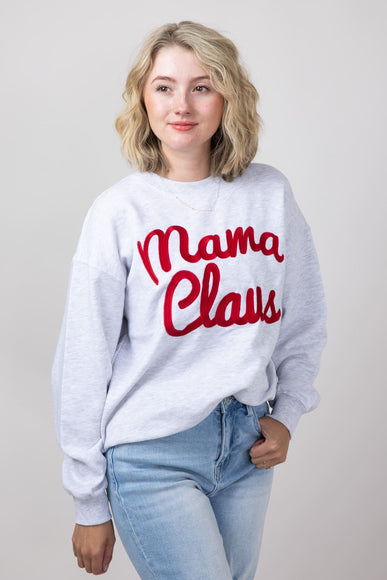 1897 Active Mama Clause Embroidered Fleece Sweatshirt for Women in Ice Grey