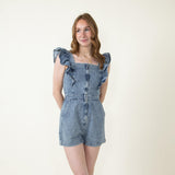 Ruffle Shoulder Denim Romper for Women in DenimRuffle Shoulder Denim Romper for Women in Denim