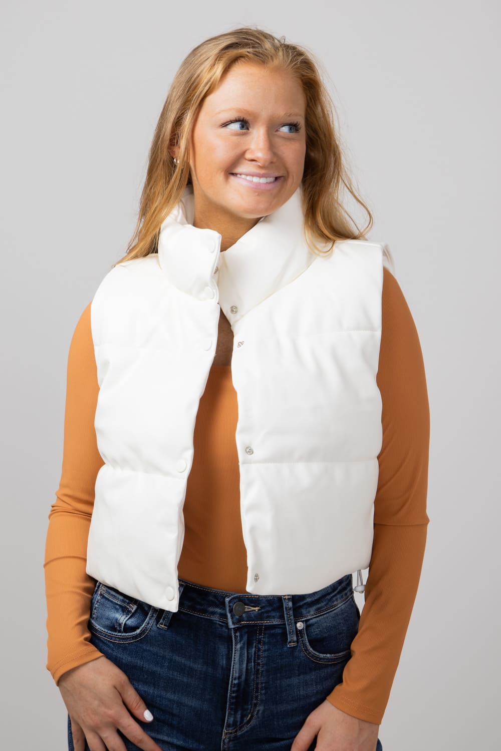 Simply Southern Faux Leather Cropped Puffer Vest for Women in Ivory Glik s