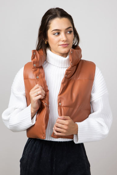 Simply Southern Faux Leather Cropped Puffer Vest for Women in Sepia