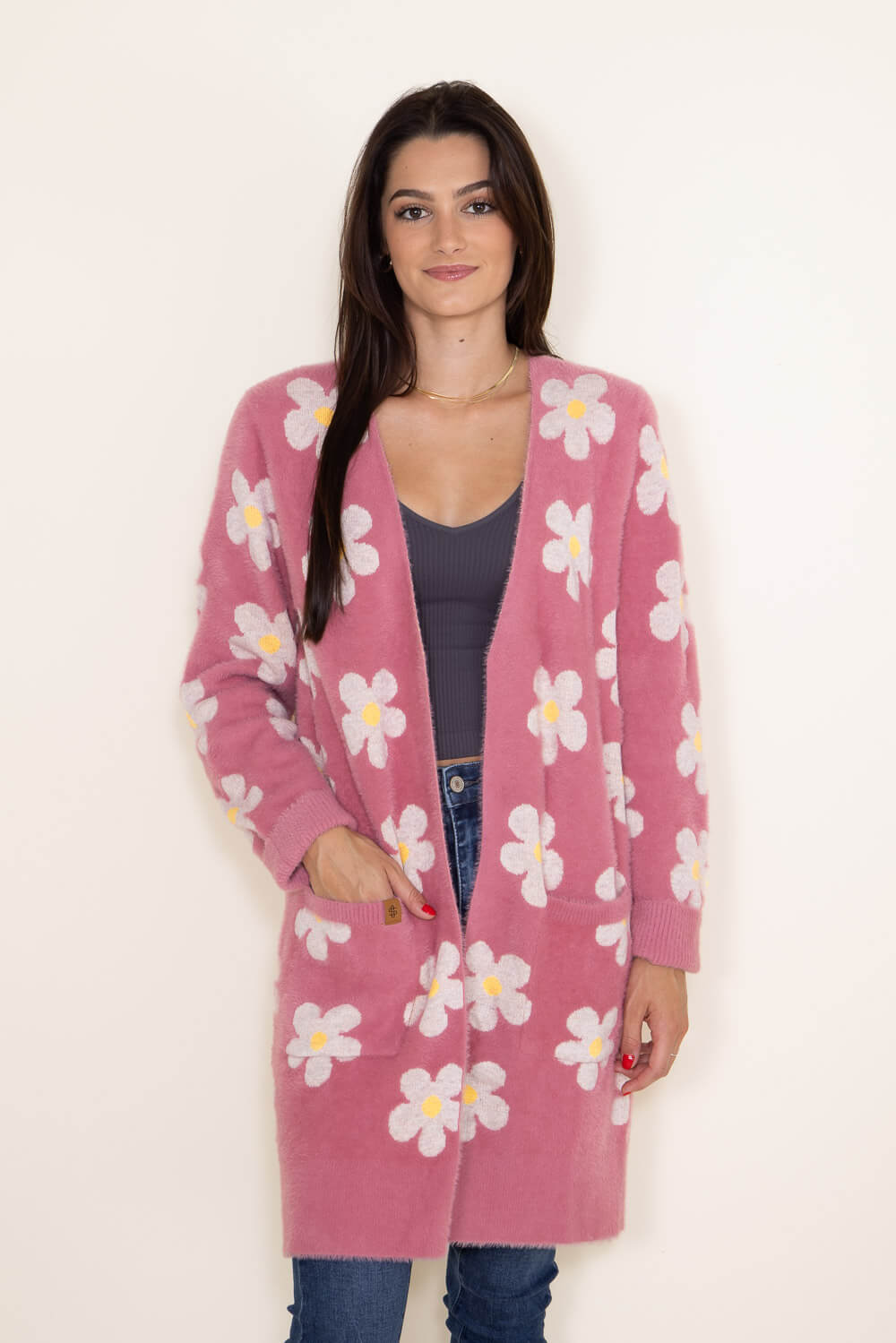 Simply Southern Fuzzy Daisy Print Long Cardigan for Women in Pink