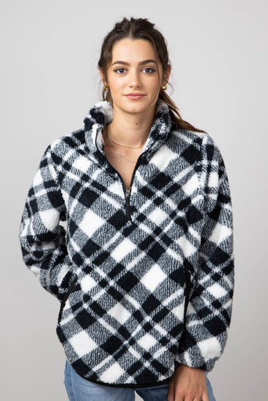 Simply Southern Quarter Zip Front Pullover for Women in White/Black Plaid