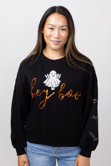 Simply Southern Sequin Hey Boo Ghost Crewneck Sweatshirt for Women in Black 