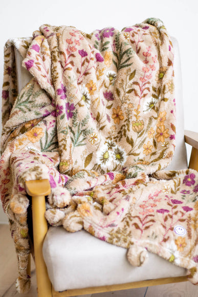 Simply Southern Sherpa Pom Pom Throw Blanket in Tan Floral