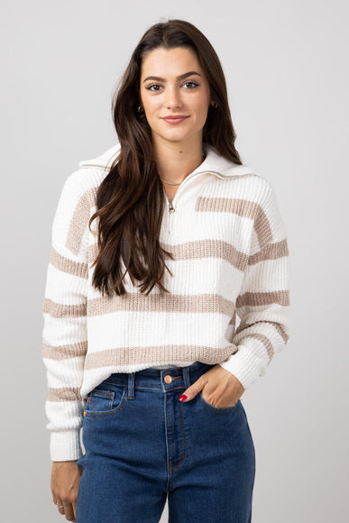 Simply Southern Stripe Quarter Zip Sweater for Women in Desert Tan