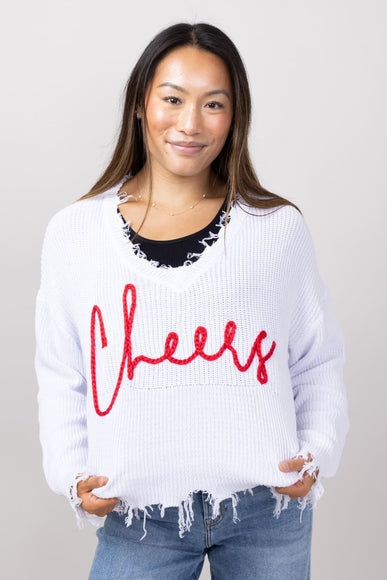 Simply Southern Cheers Distressed V-Neck Sweater for Women in White