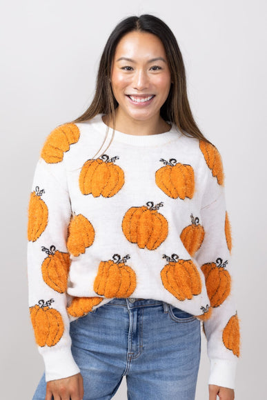 Simply Southern Fuzzy Crewneck Sweater for Women in Cream Pumpkin