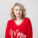 Simply Southern Knit V-Neck Merry Distressed Sweater for Women in Red