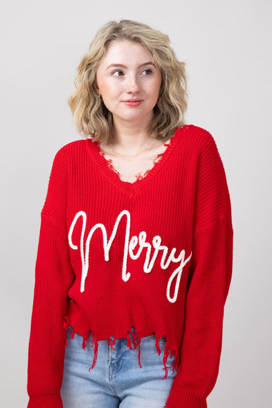 Simply Southern Knit V-Neck Merry Distressed Sweater for Women in Red