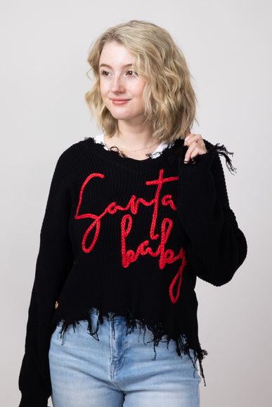 Simply Southern Knit V-Neck Santa Baby Distressed Sweater for Women in Black