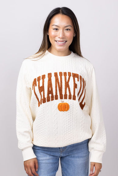 Simply Southern Braided Crewneck Thankful Sweater for Women in Cream