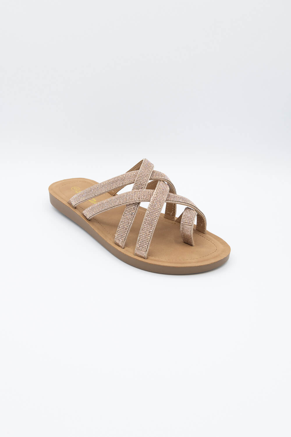 Rhinestone Criss Cross Strappy Slide Sandals - Tan