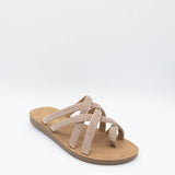 Soda Step Up Strappy Rhinestone Slides for Women in Brown