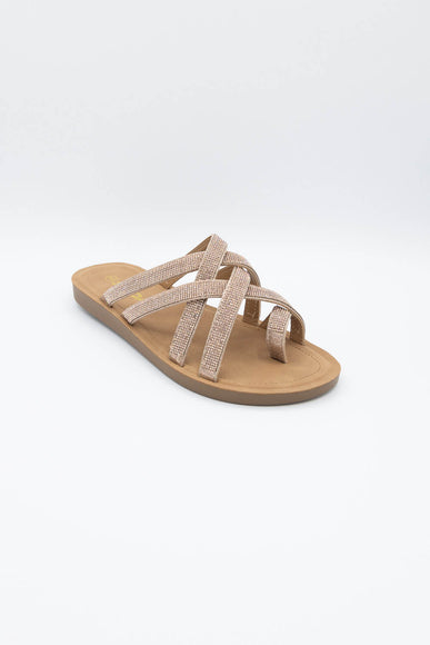 Soda Step Up Strappy Rhinestone Slides for Women in Brown