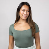 Seamless Double Layer Knit T-Shirt for Women in Olive