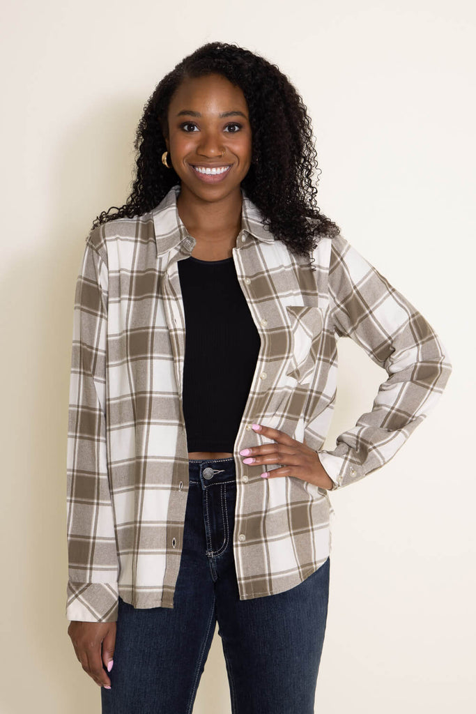 Thread & Supply Flannel Plaid Shirt for Women in White and Sage