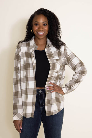 Thread & Supply Button Up Flannel Plaid Shirt for Women in White/Sage Green