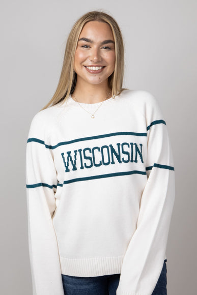 Thread & Supply Wisconsin Varsity Lettering Sweater for Women in Cream/Pinegreen