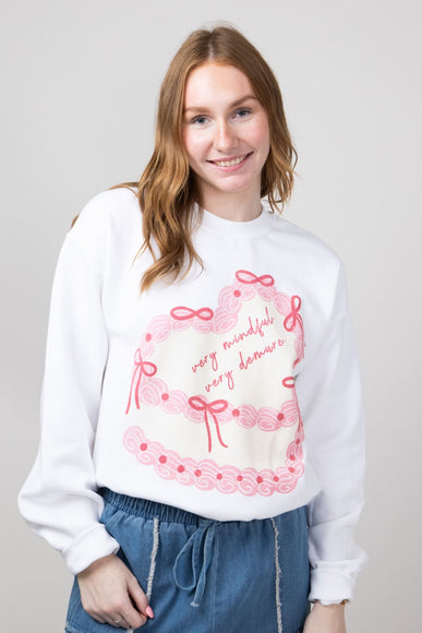 Very Mindful Very Demure Cake Oversized Graphic Sweatshirt for Women in White