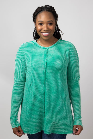 Washed Baby Waffle Oversized Knit Shirt for Women in K Green