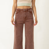 Washed Marine Straight Wide Jeans for Women in Rust