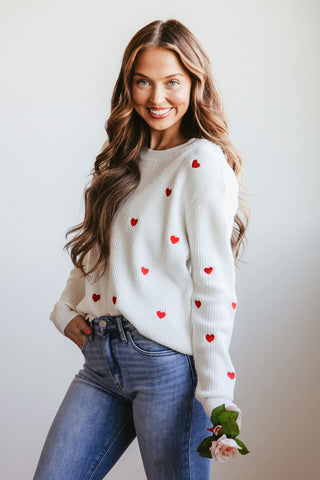 Miracle Heart Sweater for Women in Ivory/Red