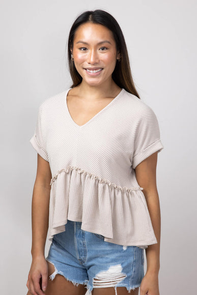 Urban Ribbed Knit V-Neck Peplum Top for Women in Oat