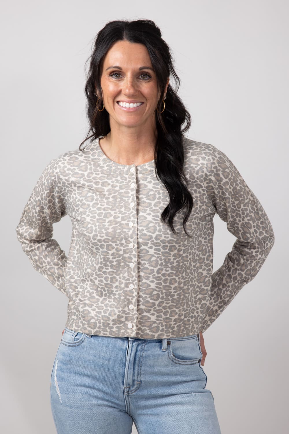 The deals Side Button Sweater in Gray Leopard