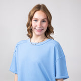 Blu Pepper Short Sleeve Crewneck Ribbed Knit Shirt for Women in Light Blue