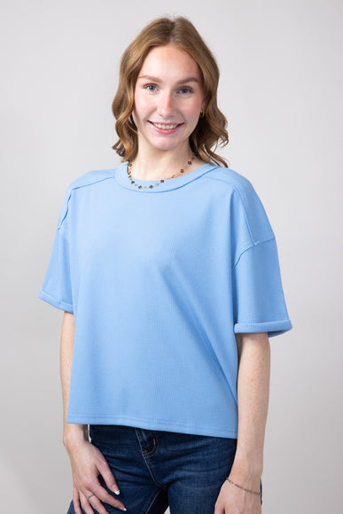 Blu Pepper Short Sleeve Crewneck Ribbed Knit Shirt for Women in Light Blue