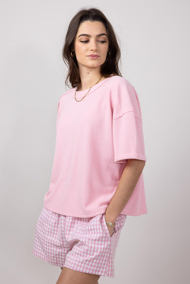 Blu Pepper Crewneck Ribbed Knit Shirt for Women in Rose