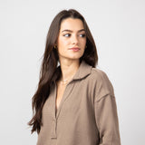 Blu Pepper Ribbed Knit Johnny Collar Polo Shirt for Women in Taupe