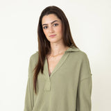 Blu Pepper Ribbed Knit Johnny Collar Polo Shirt for Women in Light Olive