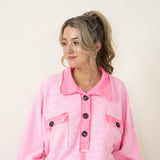 Bucketlist French Terry Fleece Button Up Sweater for Women in Neon Pink 