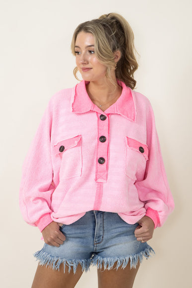 Bucketlist French Terry Fleece Button Up Sweater for Women in Neon Pink 