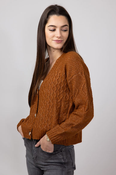 Button Front Cable Knit Cropped Cardigan for Women in Cinnamon