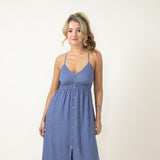 Button Front Midi Dress for Women in Indigo Blue