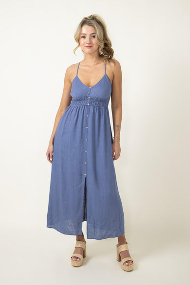 Button Front Midi Dress for Women in Indigo Blue