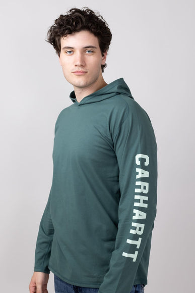 Carhartt Force Relaxed Fit Midweight Long Sleeve Logo Hooded T-Shirt for Men in Frosted Balsam