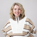 Colorblock Half Zip Striped Sweater for Women in Ecru