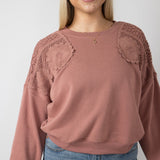  C & C California Daisy Crochet Terry Crewneck Pullover for Women in Burlwood