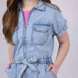 Elan Washed Denim Zip Front Tie Romper for Women in Denim