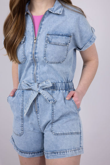 Elan Washed Denim Zip Front Tie Romper for Women in Denim